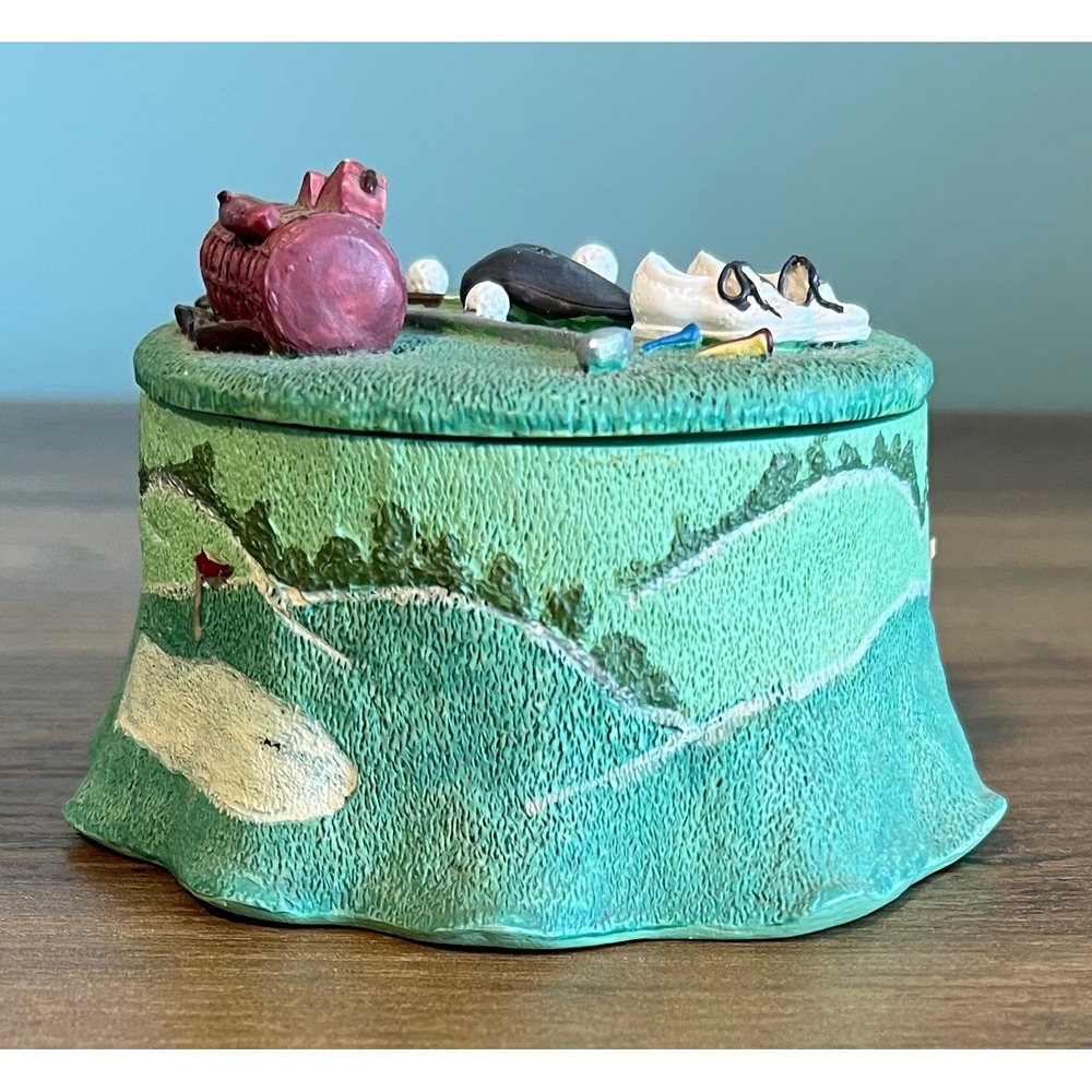 Hand Painted Golf Theme Resin Trinket Box Green Miniature Golf Bag Clubs Shoes